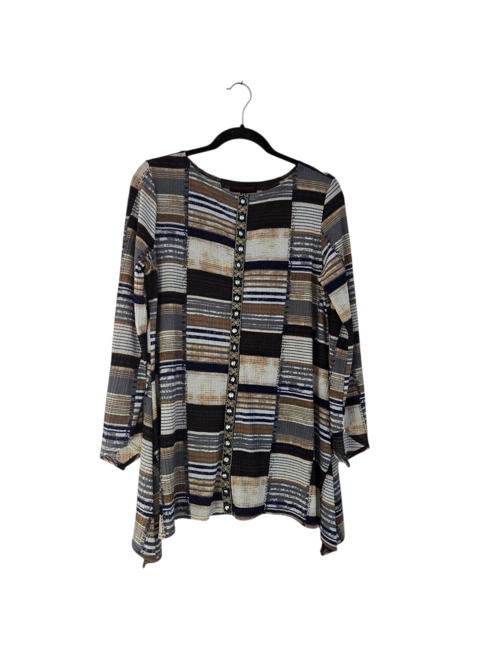 mishca blouse L Sequined Long Sleeve Blouse Button-Front Tunic Top - Black & Tan